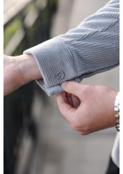 Gri Düğmeli Kadife Erkek Gömlek E6766 modelleri