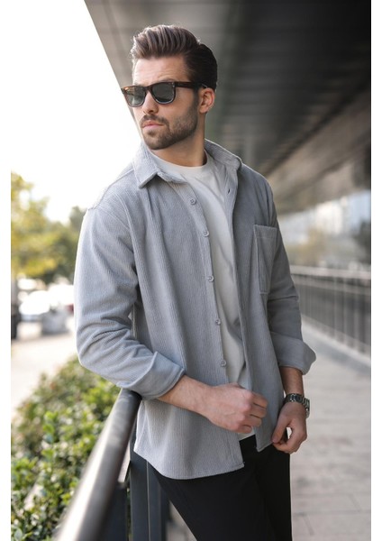Gri Düğmeli Kadife Erkek Gömlek E6766 fırsatları