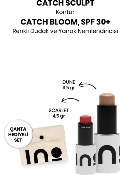 Ino Beauty Catch Sculpt Multi Use Contour Stick Dune + Catch Bloom Pocket Lip Cheek Stick Scarlet + Ino Makyaj Çantası