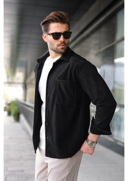 Siyah Düğmeli Kadife Erkek Gömlek E6766