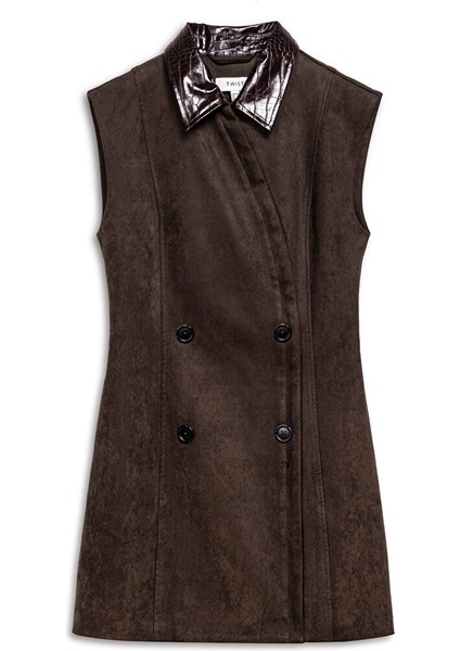 Süet Görünümlü Kontrast Yaka Elbise TW6250002212074 indirimleri