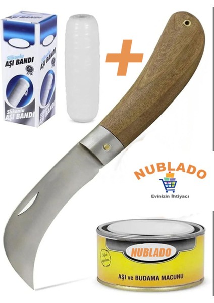Aşı Bıçağı Eğri Uçlu Bağ Bıçağı Ara Çakı 21 cm + Aşı Bandı + Aşı Macunu (3'lü Set)