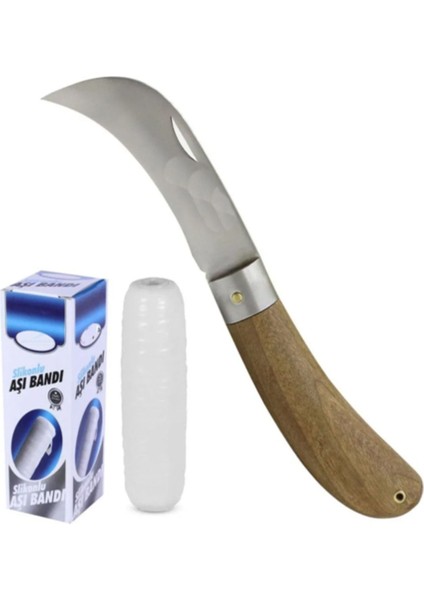 Aşı Bıçağı Eğri Uçlu Bağ Bıçağı Ara Çakı 21 cm + Aşı Bandı + Aşı Macunu (3'lü Set) fiyatları