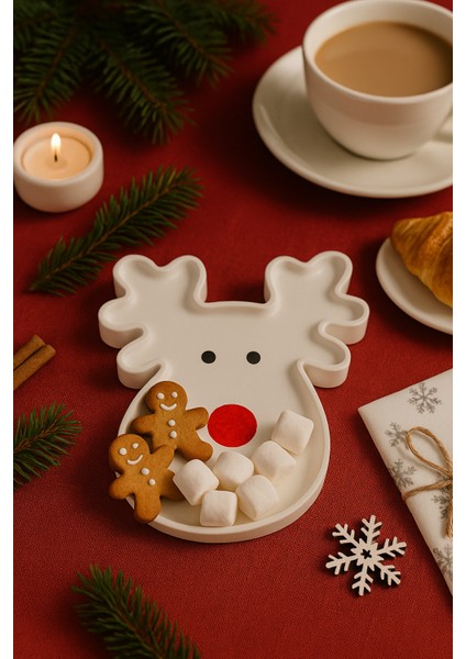 Ren Geyiği Yılbaşı Sunumu – 17×17 cm | Modern & Eğlenceli Dekoratif Tabak