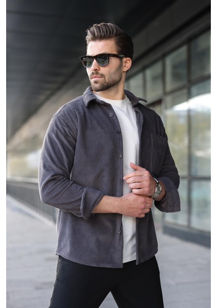 Füme Düğmeli Kadife Erkek Gömlek E6766 modelleri