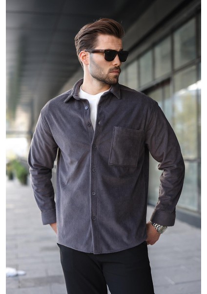 Füme Düğmeli Kadife Erkek Gömlek E6766 fırsatları