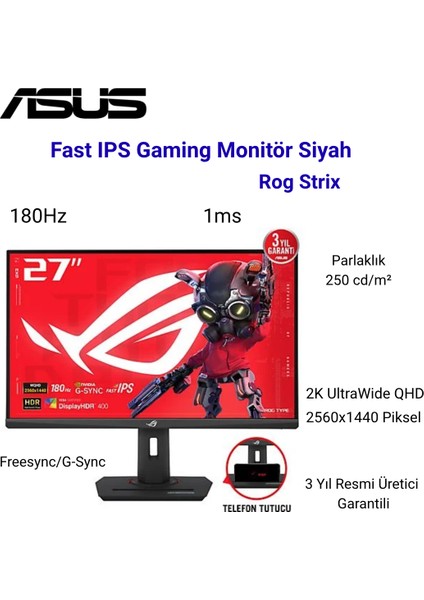 Rog Strix 27 Inç Qhd 2k 180Hz 1ms Freesync/g-Sync Fast IPS Gaming Monitör Siyah+Havit 10000 Mah Hızlı Şarj Powerbank Hediyeli