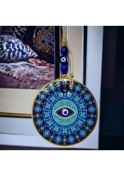 Yaldızlı Turkuaz Renkli Göz Modelli Nazar Boncuklu Duvar Süsü Cam Duvar Dekoru