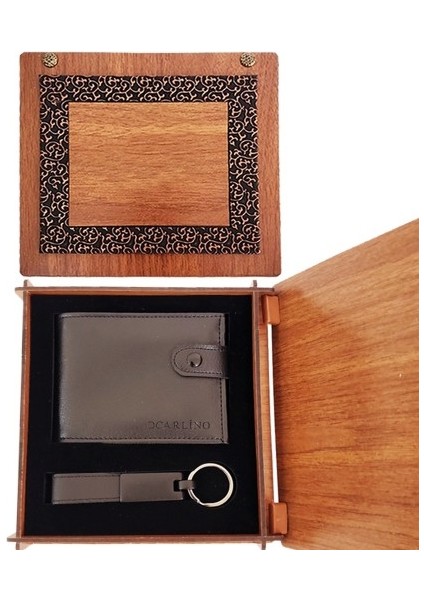 Dekoratif Hediyelik Ahşap Kutulu Cüzdan ve Mat Siyah Anahtarlık fiyatları