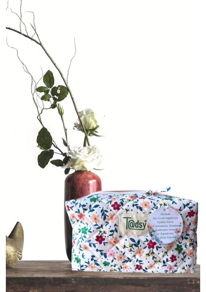 Renkli Çiçekli %100 Pamuk Makyaj ve Kozmetik Çantası | 22X12X10 cm | Seyahat Organizer fırsatları