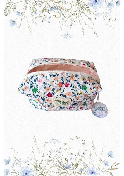 Renkli Çiçekli %100 Pamuk Makyaj ve Kozmetik Çantası | 22X12X10 cm | Seyahat Organizer
