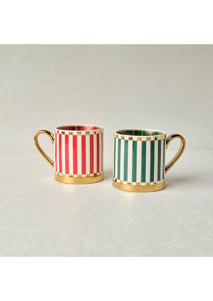 New Year Yılbaşı Kırmızı ve Yeşil Çizgili 2'li Kupa Seti 330 ml