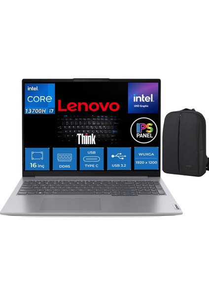 Thinkbook 16 Intel Core I7-13700H 8gb Ddd5 1tb SSD WINDOWS11 Pro 16" IPS (1920X1200) Wuxga 300NIT Taşınabilir Bilgisayar & Cimete Çanta