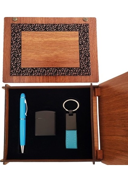 Dekoratif Ahşap Kutulu Çakmak ve Mavi Kalem Anahtarlık Set fiyatları