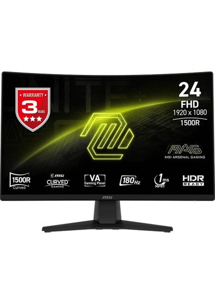 Msı 23.6" Mag 242C 1920X1080 (Fhd) 16:9 Curve 1500R Va 180HZ 1ms Adaptıve-Sync Gamıng Monıtor