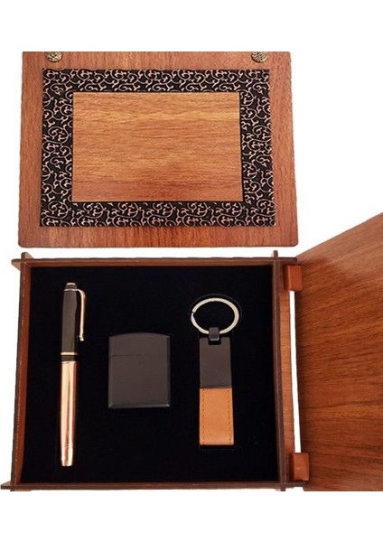 Dekoratif Ahşap Kutulu Bakır Roller Kalem Taba Renk Anahtarlık ve Çakmak Set fiyatları