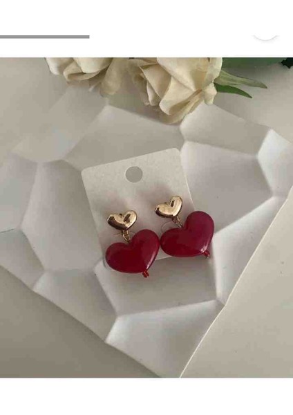 Kırmızı Kalpli, Gold Detaylı, Küpe