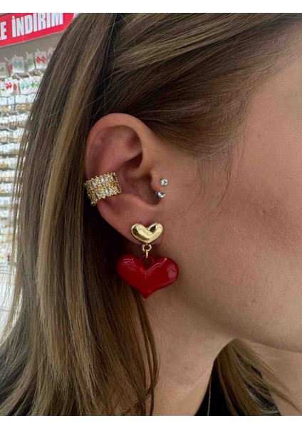 Kırmızı Kalpli, Gold Detaylı, Küpe fiyatları