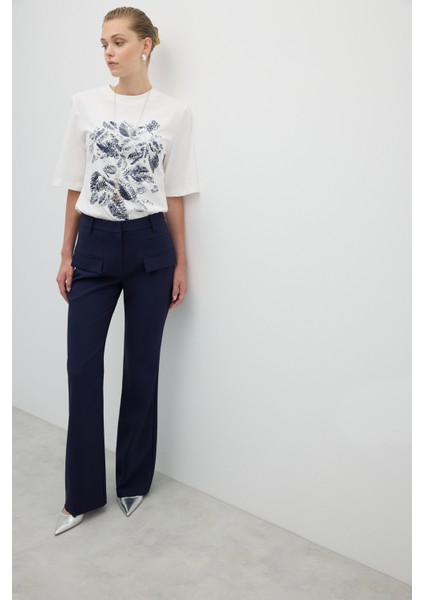 Süs Cep Kapaklı Geniş Paça Pantolon Lacivert K2512031_015