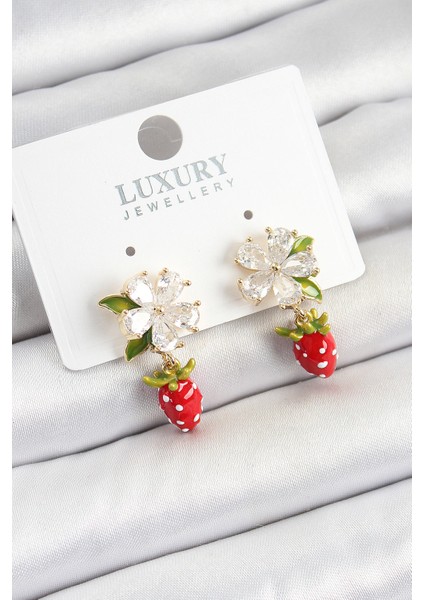 Pirinç Mineli Zirkon Taşlı Çiçek Model Sallantılı Çilek Detaylı Gold Renk Kadın Küpe - TJ-BKP10747 fiyatları