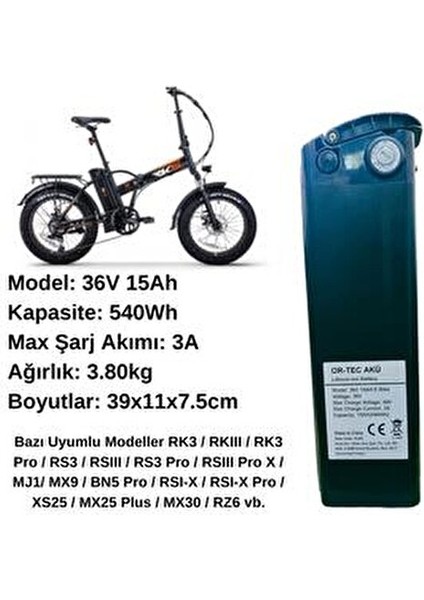 Rks 36V 15AH Elektrikli Bisiklet Bataryası Dayanıklı ve Yüksek Performanslı