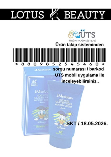 JMsolution Disney Edelweiss Glacier Buzul Su Güneş Kremi SPF 50+ Tüm Cilt Tipleri İçin 50 ml