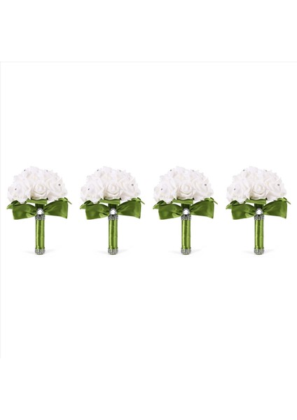 4x Düğün Buket Gelin Nedime Çiçek Düğün Buket Yapay Çiçek Gül Buket Gelin Buketler-Yeşil Şerit (Yurt Dışından)