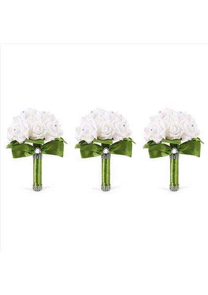 3x Düğün Buket Gelin Nedime Çiçek Düğün Yapay Çiçek Gül Buket Beyaz Gelin Buketler Yeşil Şerit (Yurt Dışından)