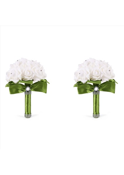 2x Güzel Düğün Buket Gelin Nedime Çiçek Yapay Çiçek Gül Buket Beyaz Gelin Buketler-Yeşil Kurdele (Yurt Dışından)