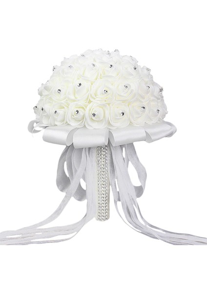 Beyaz Rhinestone Şerit Gelin Düğün Buketi El Yapımı Yapay Çiçekler Düğün Nedime Buketleri (Yurt Dışından)