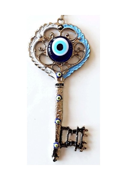 Gümüş Kaplama Nazar Boncuklu Beyaz Ve Mavi Nostaljik Anahtar Şekilli Duvar Süsü