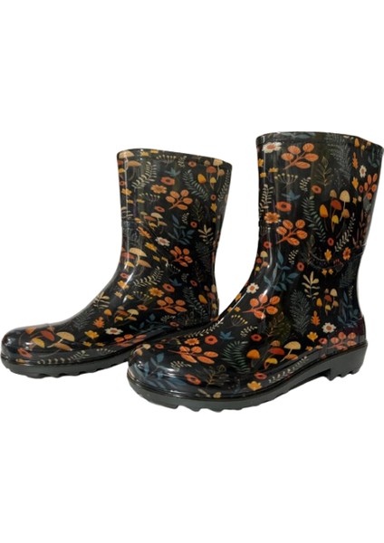 Kadın Yeşil - Bej 23 cm Çiçek Desenli Kısa Bahçe Yağmur Çizmesi EMKK809-420 modelleri