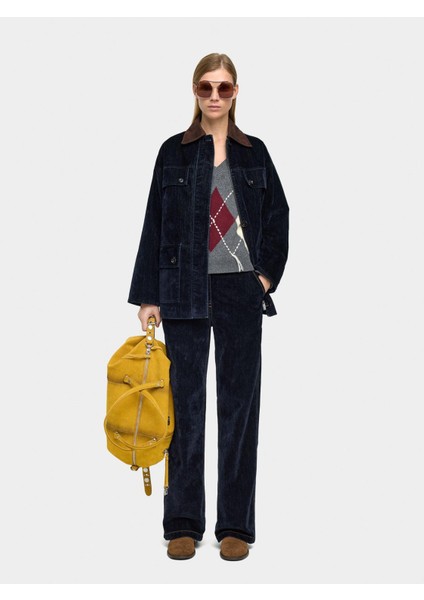 Kadife Efektli Denim Pantolon