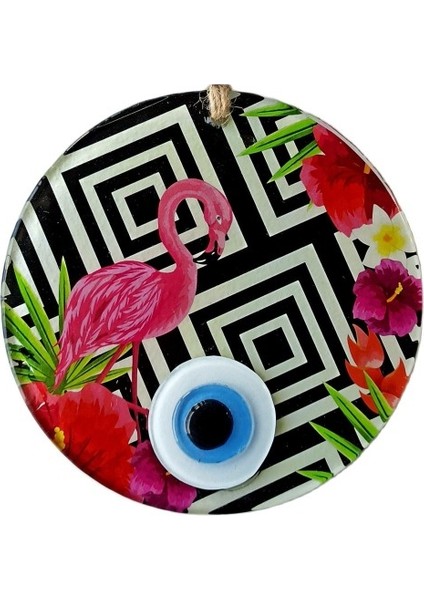 Pembe Flamingolu Çiçekli Nazar Boncuklu 15 Santimetre Çapında Duvar Süsü