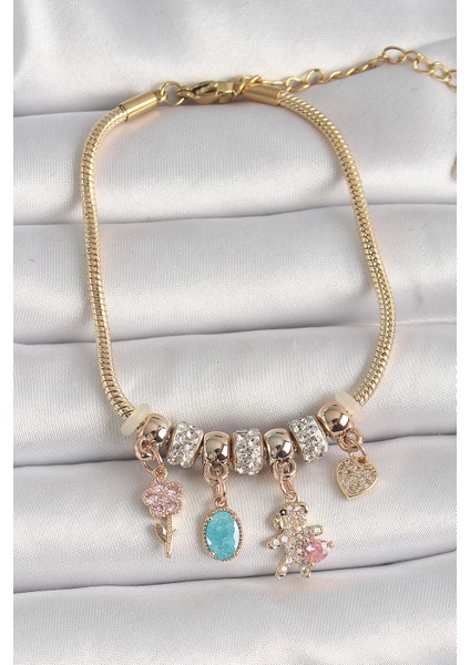 316L Çelik Gold Renk Zincir Sallantı Zirkon Taşlı Ayıcık Figür Çiçek Detay Kadın Bileklik - TJ-BB6698 fiyatları