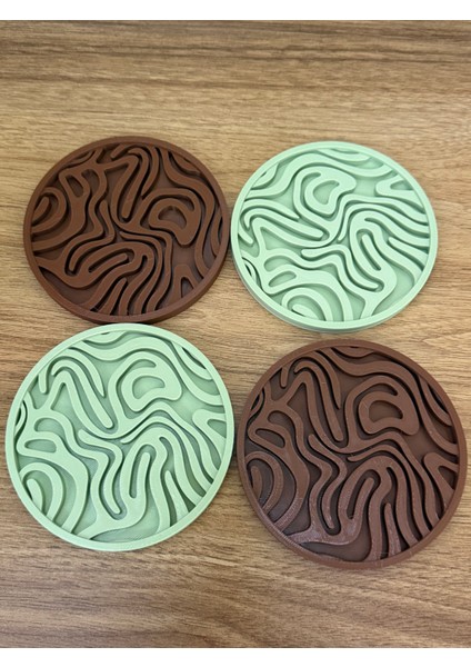 Modern Desenli Bardak Altlığı Seti – 4’lü 3D Tasarım (Yeşil & Kahverengi)