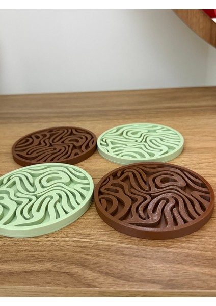 Modern Desenli Bardak Altlığı Seti – 4’lü 3D Tasarım (Yeşil & Kahverengi) modelleri