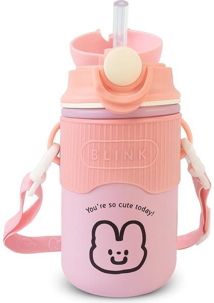 Kız Için Pembe 304 Çelik Vakumlu 480 ml Askılı ve Pipetli Matara Suluk MT227