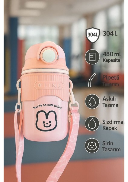 Kız Için Pembe 304 Çelik Vakumlu 480 ml Askılı ve Pipetli Matara Suluk MT227 fiyatları