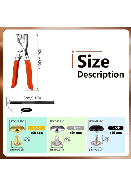 180 Set Deri Perçinler 8mm Çift Yuvarlak Kapak Deri Perçin 3 Renk Kapları Deri Perçin Metal Saplamalar Sabitleme Aletleri (Yurt Dışından) fırsatları