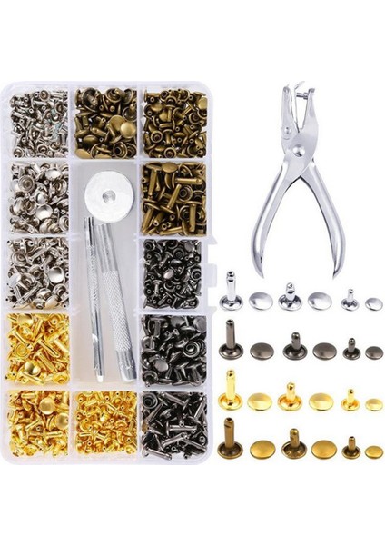 360 Set Deri Zanaat Onarım Dekorasyonu 3 Boyut ve 4 Renk Için Yumruk Pense ile Çift Kapak Perçin Deri Saplamaları (Yurt Dışından)