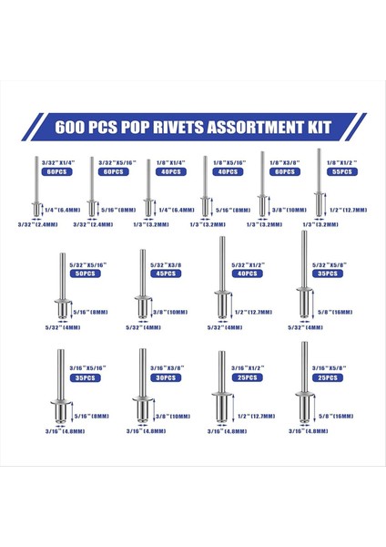 600 Pcs 14 Boyut Pop Perçinleri Çiftlik Kiti Alüminyum Perçinler (3/32 Inç 1/8 Inç 5/32 Inç 3/16 Inç) Çeşitli Perçinler (Yurt Dışından) modelleri