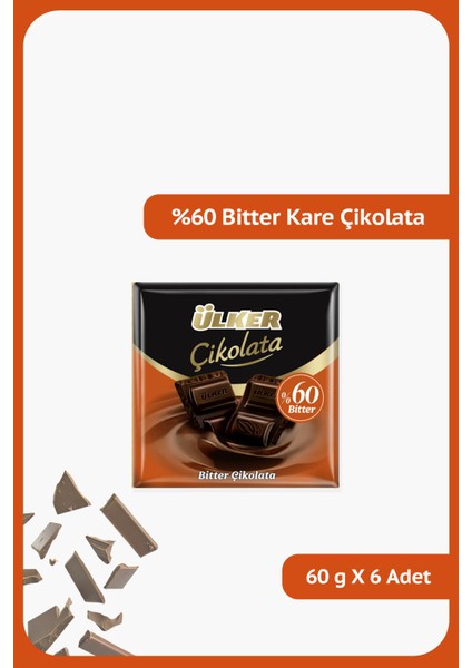 60% Bitter Kare Çikolata - 60 gram - 6 Adet