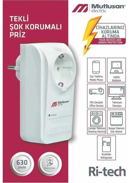 Ri-Tech Tekli Akım Korumalı Priz 630 Joule Şok Korumalı Çocuk Koruma Özellikli Beyaz