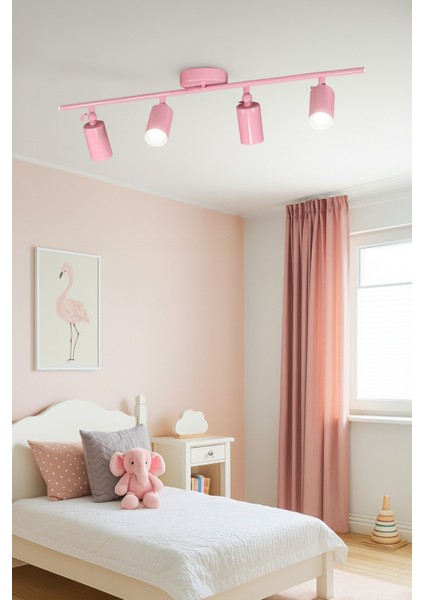 Spoti 4'lü Pembe Renk (Beyaz Işık) Modern Tasarım Salon - Mutfak - Banyo Spot Ledli Sıralı Avize