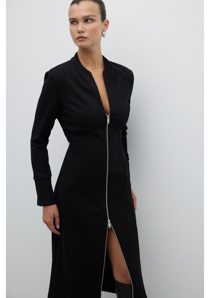 Fermuarlı Örme Midi Boy Elbise Siyah K2521002_001