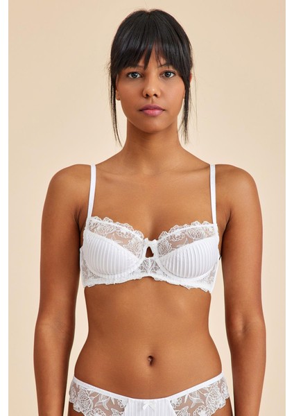 Paris Ekru Balenli Dantelli Dolgusuz Balkonet Sütyen