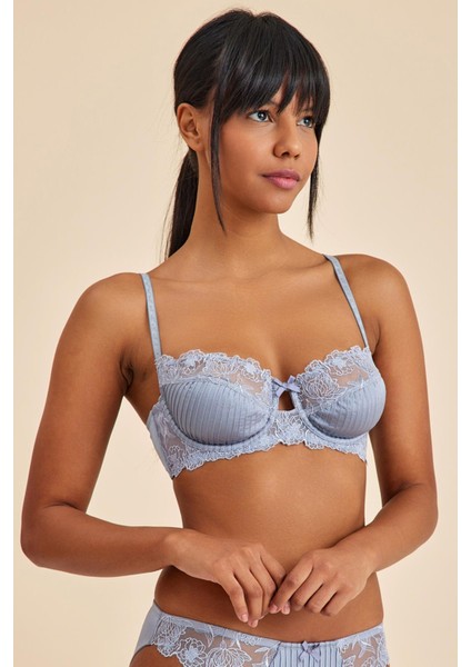 Paris Gri Mavi Balenli Dantelli Dolgusuz Balkonet Sütyen