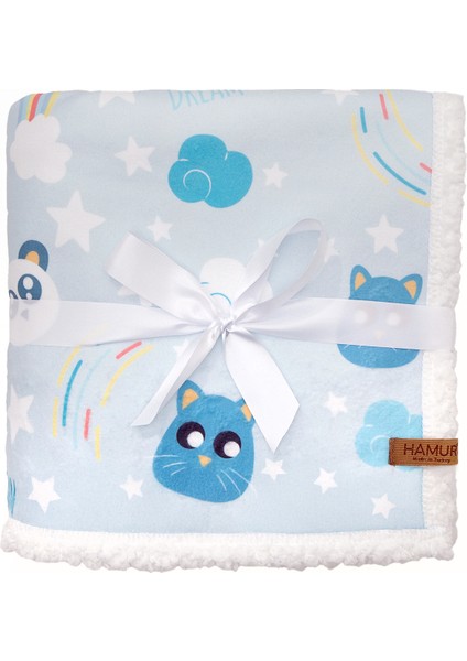 Fluffy Dream Ultra Yumuşak Mikro Polar Unisex Bebek Battaniyesi, Hayvan Desenli, Beyaz-Mavi, 80x100 cm