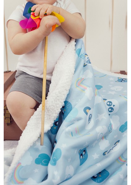 Fluffy Dream Ultra Yumuşak Mikro Polar Unisex Bebek Battaniyesi, Hayvan Desenli, Beyaz-Mavi, 80x100 cm